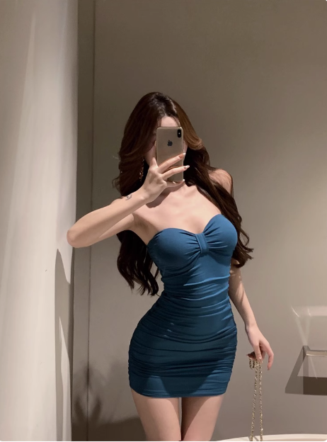 Simple Blue Sweetheart Neck Pleated Hip-hugging Slim Birthday Dress Homecoming Dress P3679