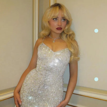 Shiny And Beautiful White Sling Sequined V-neck Slim Fit Hip 17th Birthday Homecoming Dress P3701