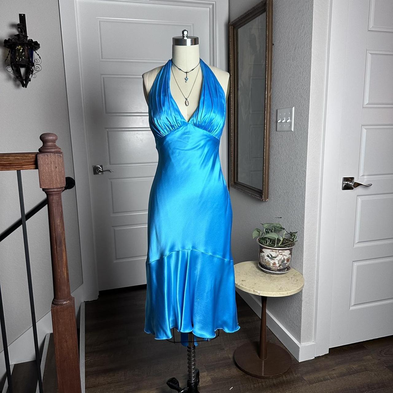 Simple Halter Neck Satin Blue Open Back Homecoming Dress P3704