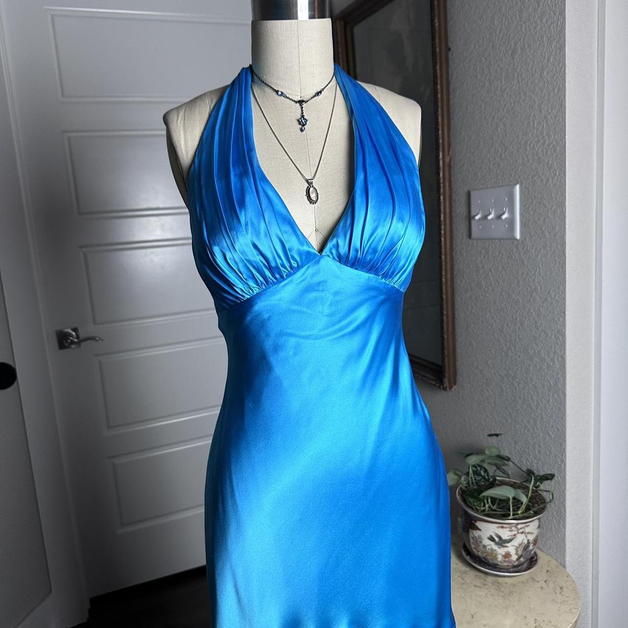 Simple Halter Neck Satin Blue Open Back Homecoming Dress P3704
