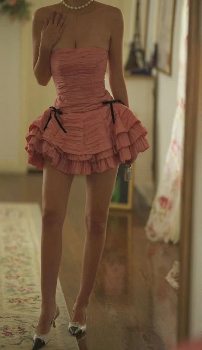 Princess Pink Tube Top Bow A-line 17th Birthday Short Skirt Homecoming Dress P3711