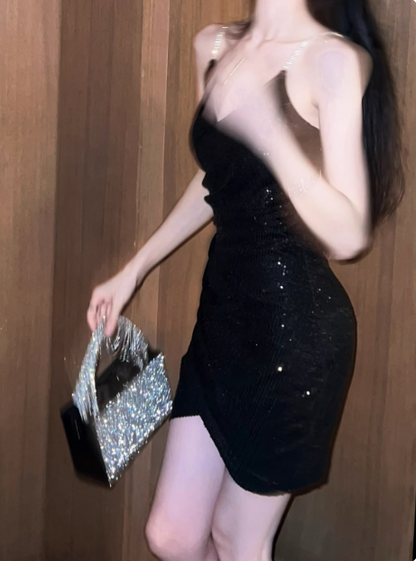 White Sexy Glitter V-neck Slim Suspender Birthday Dress Homecoming Dress P3714