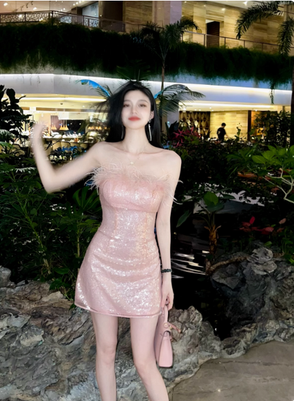 Gentle Pink Short Birthday Dress Tube Top Shimmering Homecoming Dress P3717