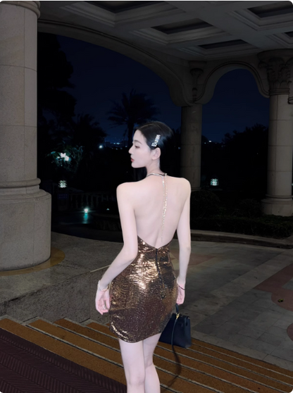 Sexy Halterneck Hip-hugging Sparkly Backless Homecoming Dress P3718