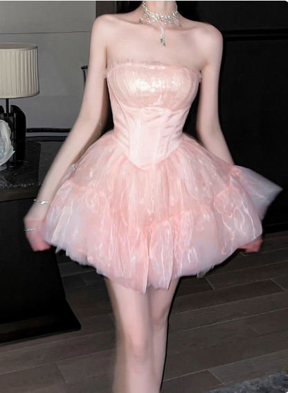 Sweet Pink Tulle Birthday Dress Tulle Puff Homecoming Dress P3720