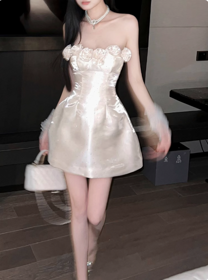 Elegant French Style Tube Top Three-dimensional Flower One Shoulder Satin A-line 17th Birthday Homecoming Dress P3721