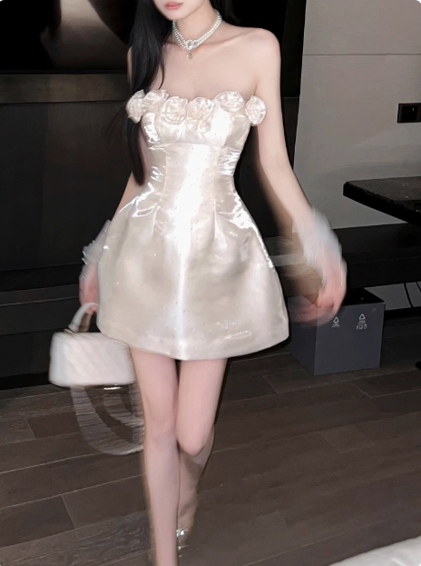Elegant French Style Tube Top Three-dimensional Flower One Shoulder Satin A-line 17th Birthday Homecoming Dress P3721