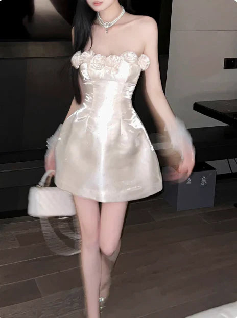 Retro Beige Sequin 3D Floral Strapless Design A-line Party Dress Homecoming Dress TP4079
