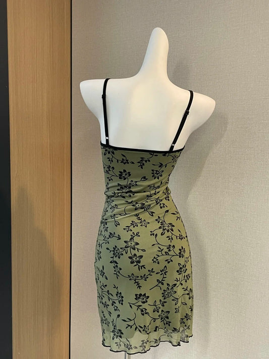 Retro Suspenders Green Floral Mesh Slim Fit 17th Birthday Homecoming Dress P3726