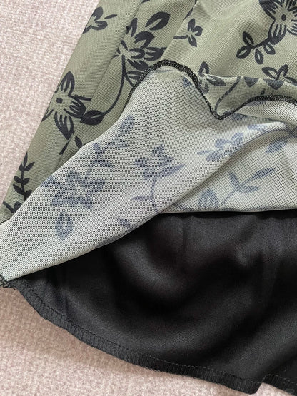 Retro Suspenders Green Floral Mesh Slim Fit 17th Birthday Homecoming Dress P3726