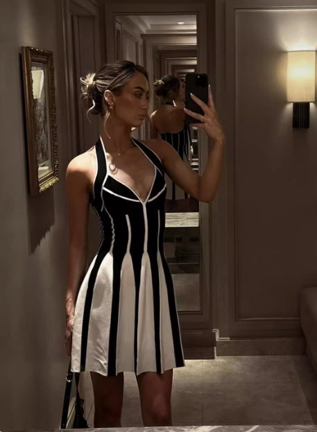 Sexy Low Cut Backless Halter Neck Striped Waist A-Line Homecoming Dress P3728