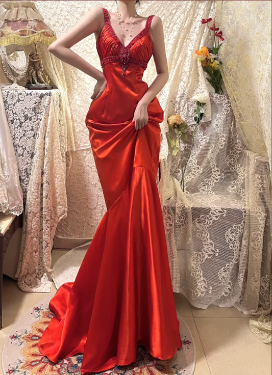 Elegant Red Rose Satin V-neck Beaded Long Prom Dress P3753
