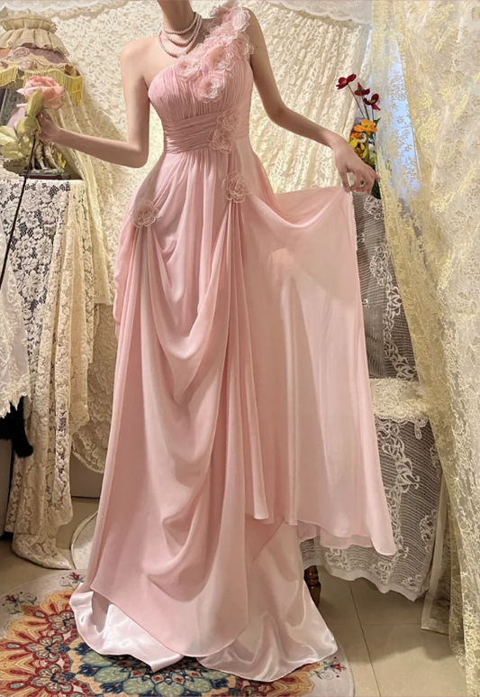Elegant Pink Off-shoulder 3D Flower Pleated Chiffon Long Prom Dress P3756