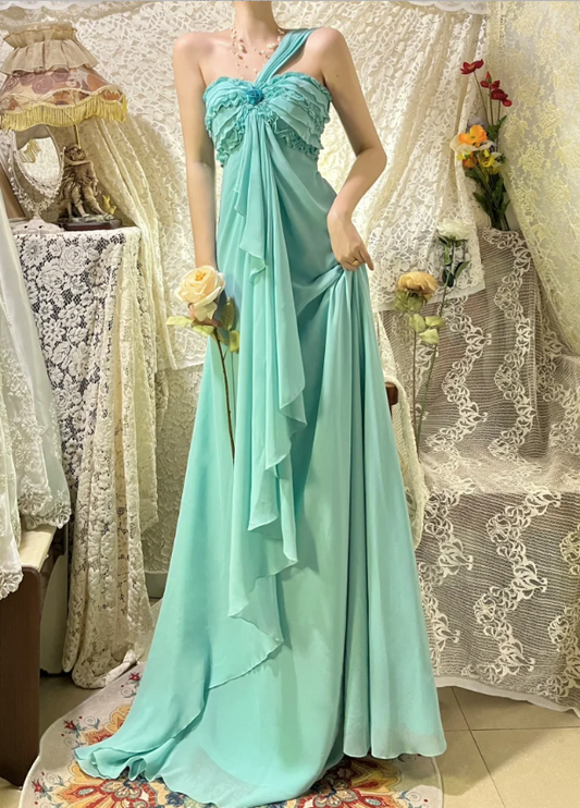 Elegant Lake Green One Shoulder Chiffon Off Shoulder Long Prom Dress P3759