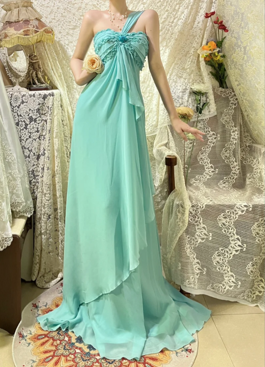 Elegant Lake Green One Shoulder Chiffon Off Shoulder Long Prom Dress P3759