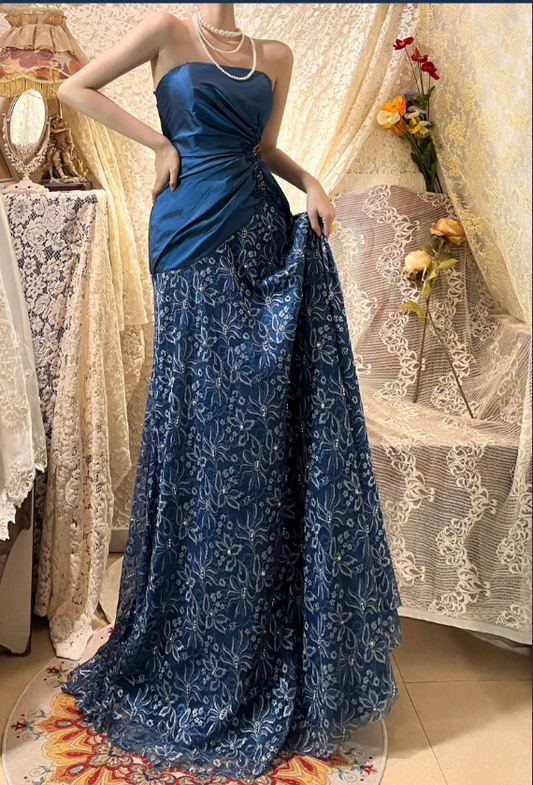 Vintage Navy Blue Pleated Satin Lace Beaded Long Prom Dress P3760