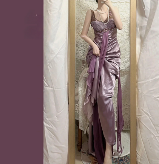 Vintage Satin Hand-Pleated Heavy Art Prom Dress P3764