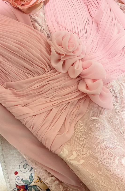 Elegant Pink Strap V-neck Chiffon Lace Rose Prom Dress P3769