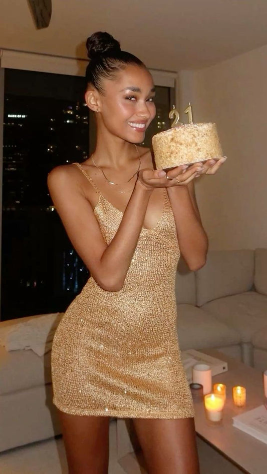 21st Birthday Strappy V Neck Gold Sequin Homecoming Dress P3876