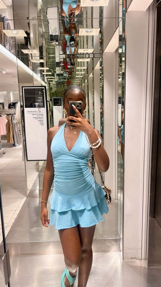 Pretty Pleated Halter Neck Mini Birthday Skirt Homecoming Dress P3926