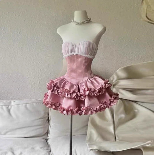 Vintage Pink Sweetheart Ruffle A-Line Tiered Short Party Dress Cocktail Dress Homecoming Dress TP4480