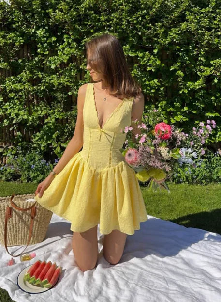 Vintage Yellow V-neck A-Line Short Party Dress Cocktail Dress Homecoming Dress TP4474