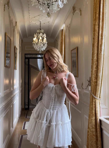 Vintage White Lace Spaghetti Strap A-Line Short Tiered Party Dress Cocktail Dress Homecoming Dress TP4473