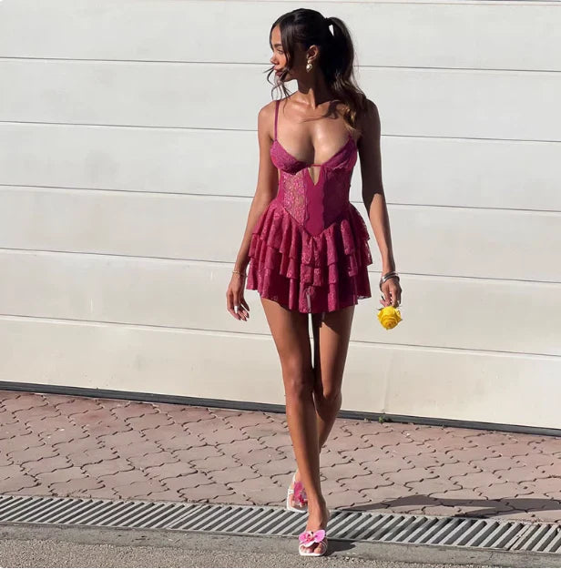 Vintage Fuchsia Lace Spaghetti Strap A-Line Short Tiered Party Dress Cocktail Dress Homecoming Dress TP4472