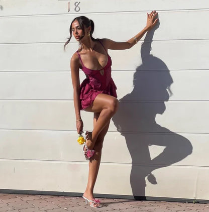 Vintage Fuchsia Lace Spaghetti Strap A-Line Short Tiered Party Dress Cocktail Dress Homecoming Dress TP4472