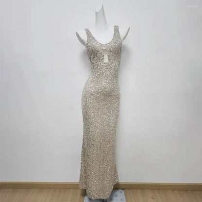 Elegant Champagne Glittering Sequin Beaded Halter-neck Mermaid Prom Dress Party Dress Evening Dress TP4501