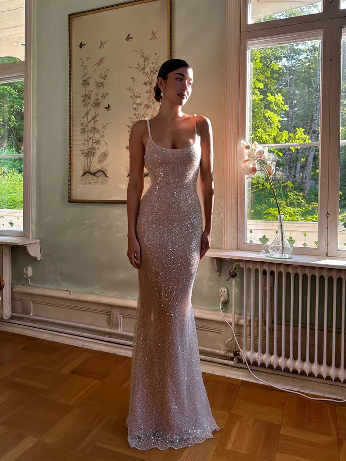 Elegant Pink Glittering Sequin Mermaid Spaghetti Strap Prom Dress Party Dress Evening Dress TP4509