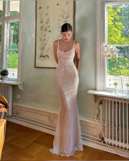 Elegant Pink Glittering Sequin Mermaid Spaghetti Strap Prom Dress Party Dress Evening Dress TP4509