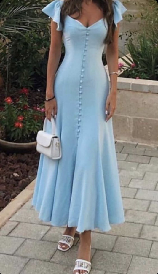 A line Sleeveless Light Sky Blue Ankle Length Prom Dress P990