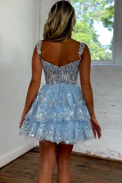 Sparkly A Line Homecoming Dress with Off the Shoulder Neckline Short Tiered Sequin Skirt