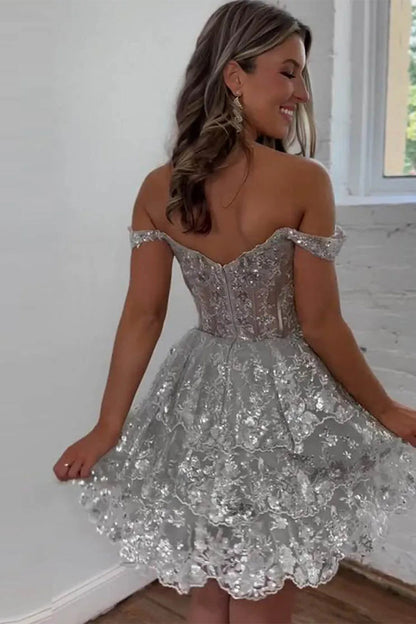 Sparkly A Line Homecoming Dress with Off the Shoulder Neckline Short Tiered Sequin Skirt