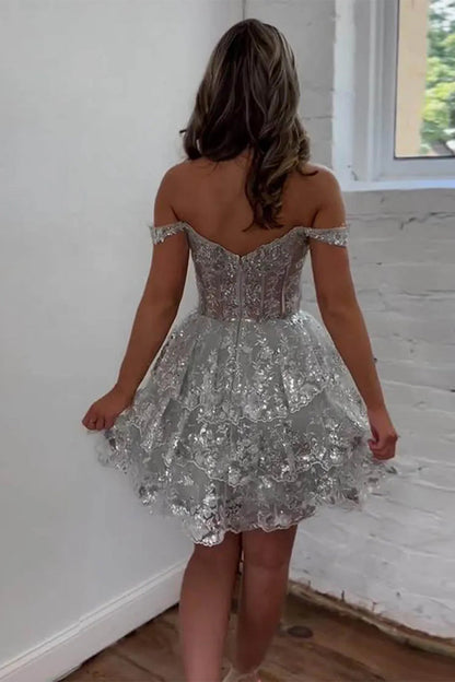 Sparkly A Line Homecoming Dress with Off the Shoulder Neckline Short Tiered Sequin Skirt