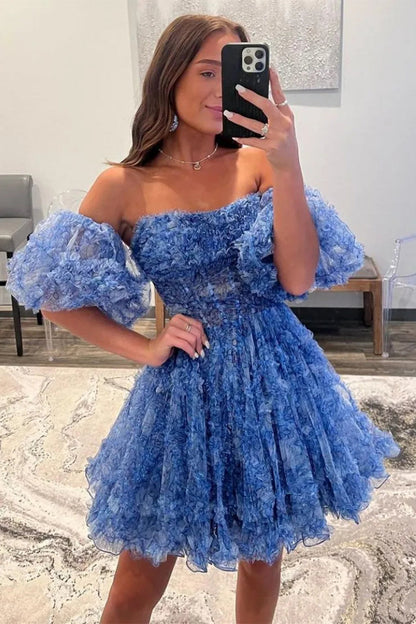 Stunning Floral Print A Line Homecoming Dress with Tulle Fabric and Removable Sleeves