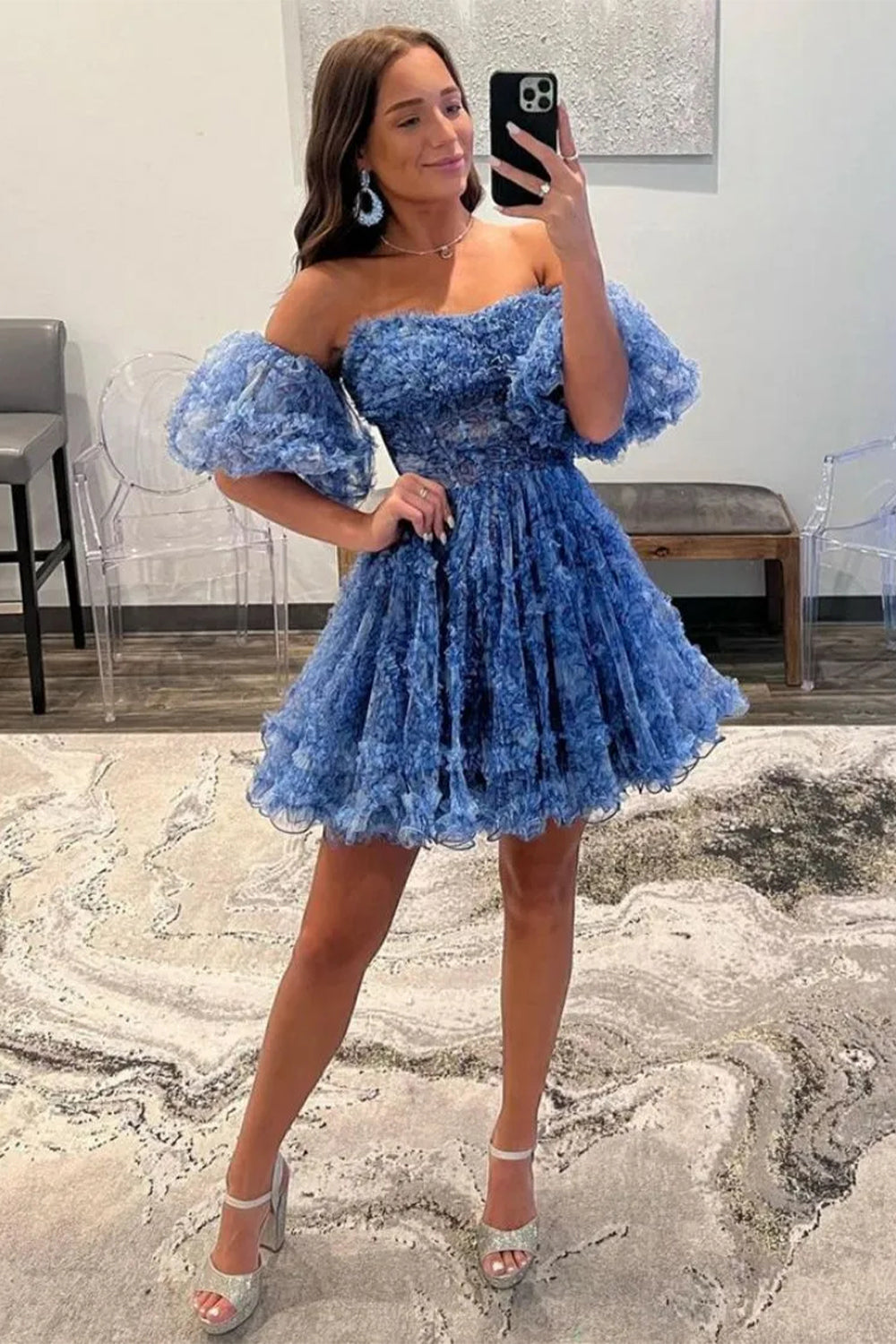 Stunning Floral Print A Line Homecoming Dress with Tulle Fabric and Removable Sleeves