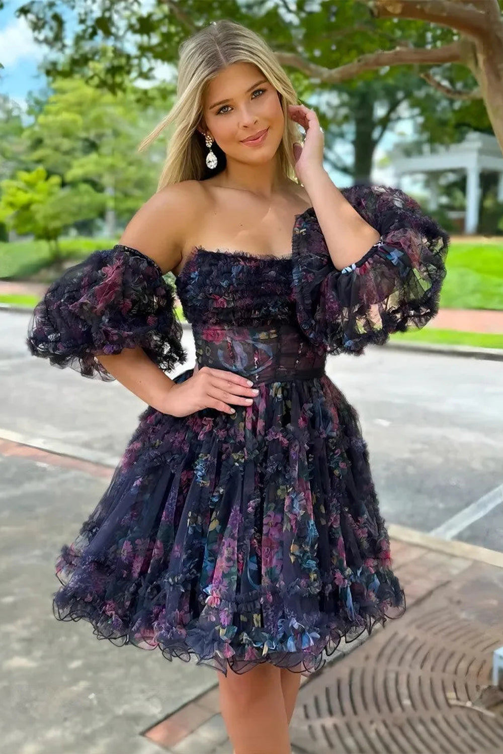 Stunning Floral Print A Line Homecoming Dress with Tulle Fabric and Removable Sleeves