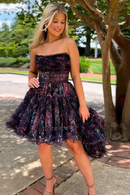 Stunning Floral Print A Line Homecoming Dress with Tulle Fabric and Removable Sleeves