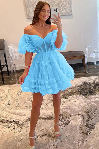 Elegant Short Tulle Homecoming Dress with Off The Shoulder Neckline and A Line Silhouette