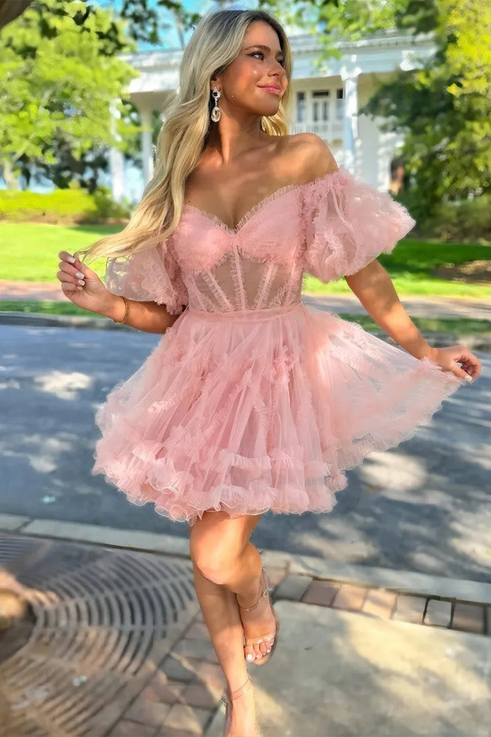 Elegant Short Tulle Homecoming Dress with Off The Shoulder Neckline and A Line Silhouette