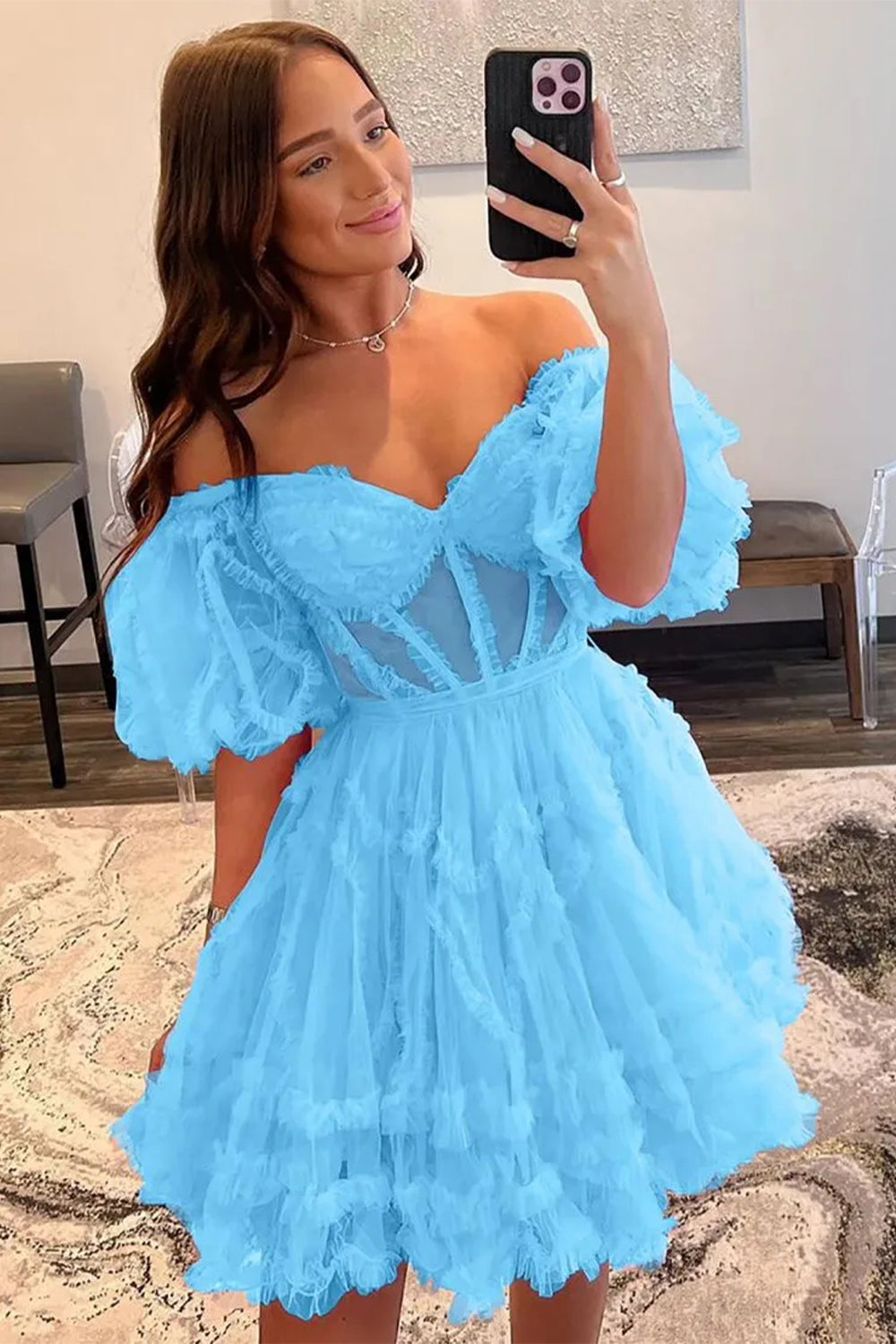 Elegant Short Tulle Homecoming Dress with Off The Shoulder Neckline and A Line Silhouette