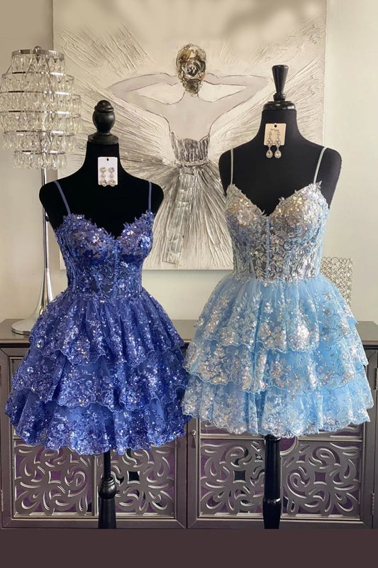 Cute Sequin Lace Corset Bodice Homecoming Dress with A Line Silhouette and Tiered Layers
