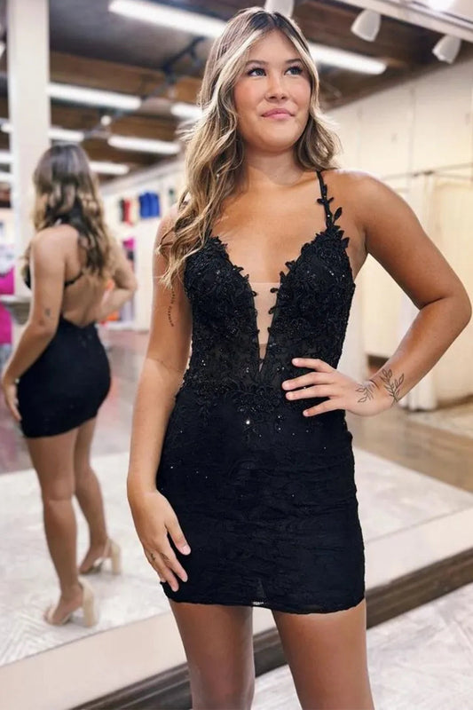 Chic Black Tight Homecoming Dress with Appliques and Criss-Cross Back
