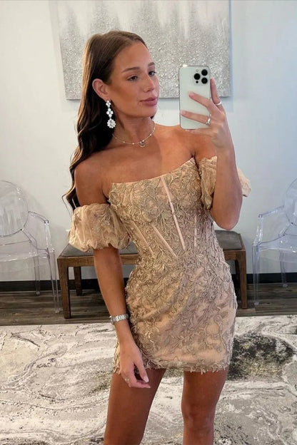 Champagne Strapless Homecoming Dress with Puff Sleeves and Appliques