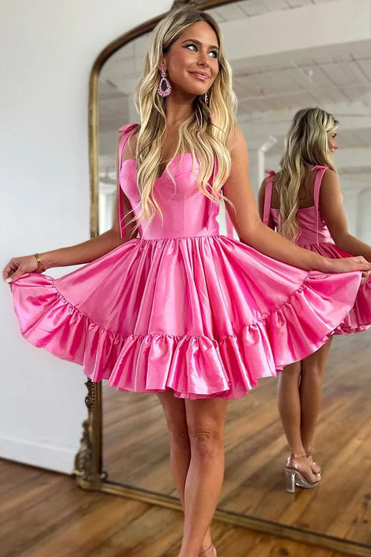 Sweet Satin Homecoming Dress with A-Line Silhouette and Ruffle Details