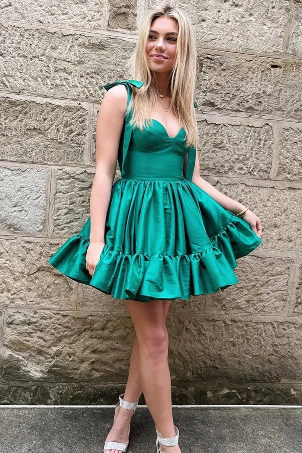 Sweet Satin Homecoming Dress with A-Line Silhouette and Ruffle Details