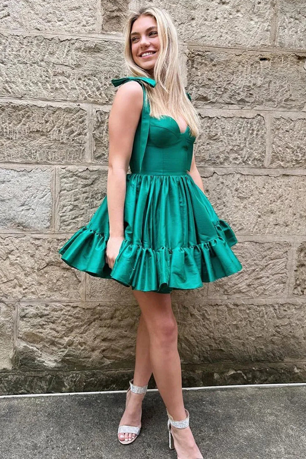 Sweet Satin Homecoming Dress with A-Line Silhouette and Ruffle Details