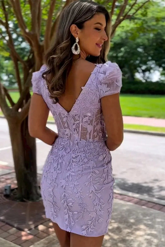 Chic Square Neck Homecoming Dress with Appliques and Puffy Sleeves